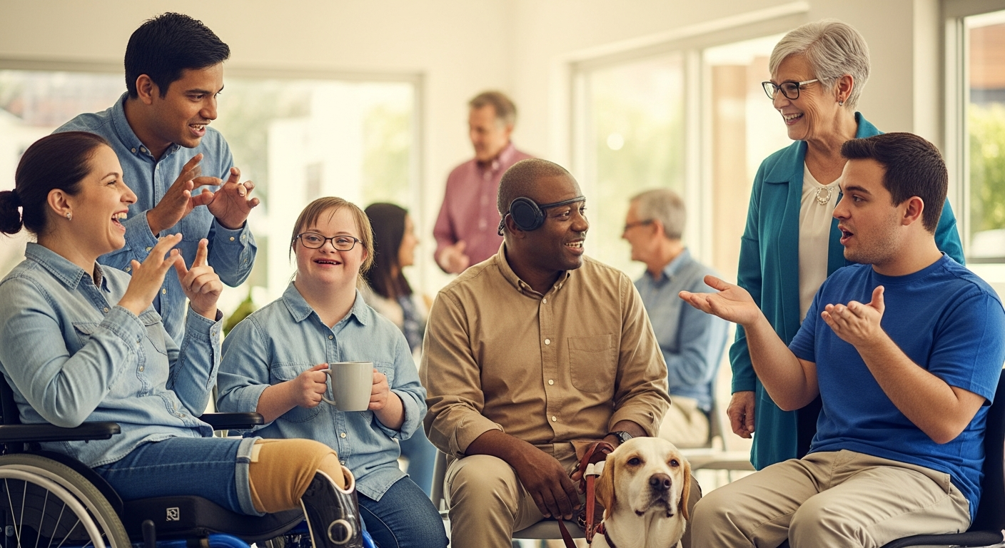 A diverse group of people with disabilities chatting and smiling in a community center.