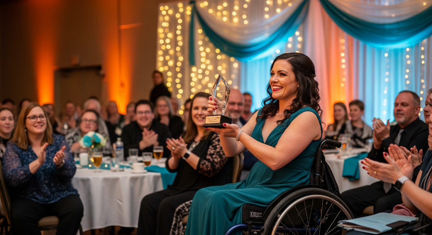 A smiling woman in a wheelchair holds an award on stage while the audience claps.
