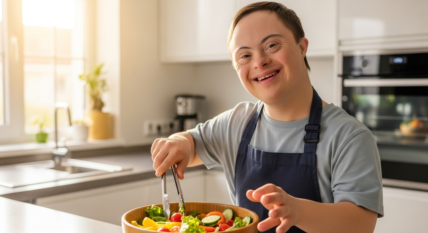 A young adult male with Down syndrome smiles while cooking in his kitchen