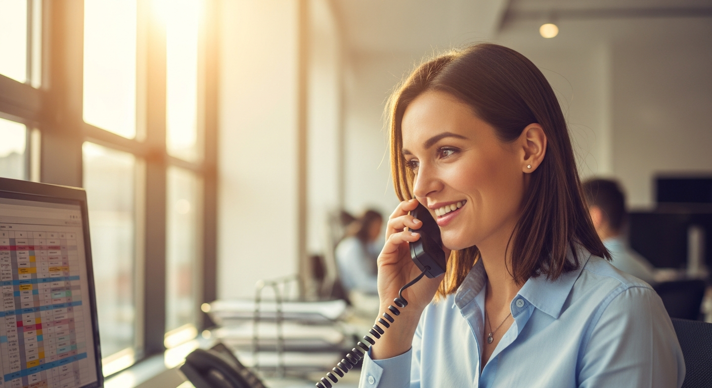A female service representative speaking on the phone
