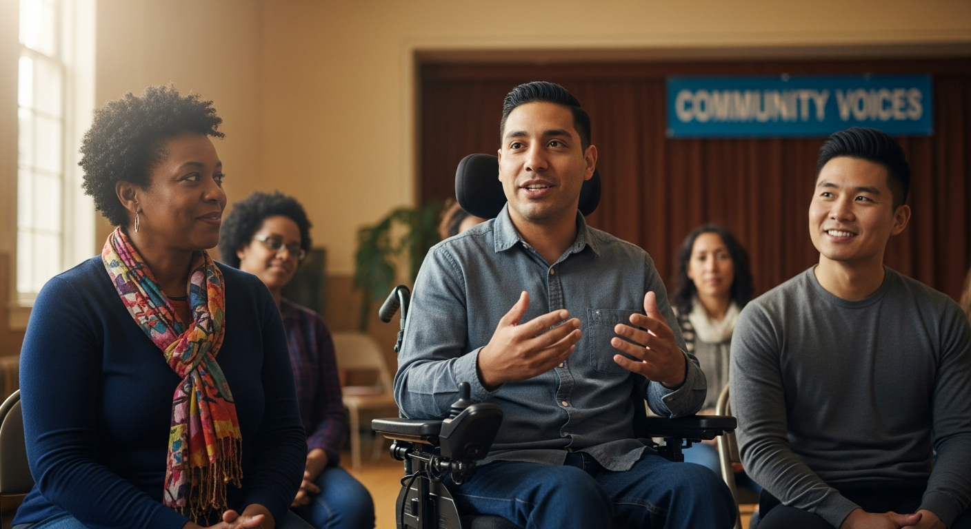 A group of people, some with disabilities, share their thoughts at a community forum