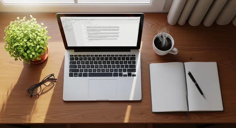 A cozy writing desk by a sunny window with an open laptop, notebook, and cup of coffee.