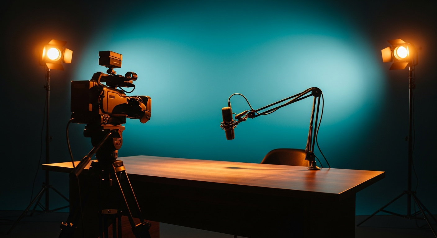 A video studio with a camera on a tripod and a broadcast microphone in front of a teal backdrop.