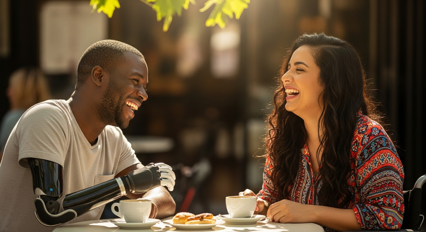 A man with a prosthetic arm laughs with a woman while having coffee