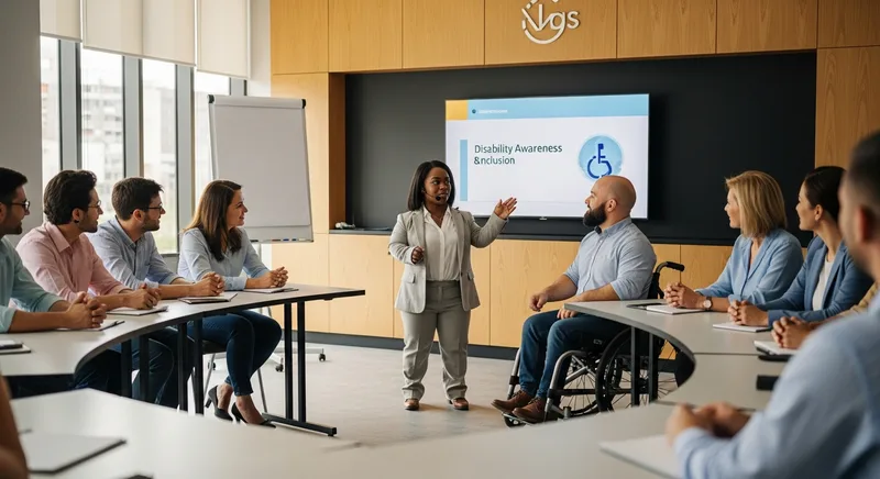 A woman of short stature and a man in a wheelchair present information to a group of professionals