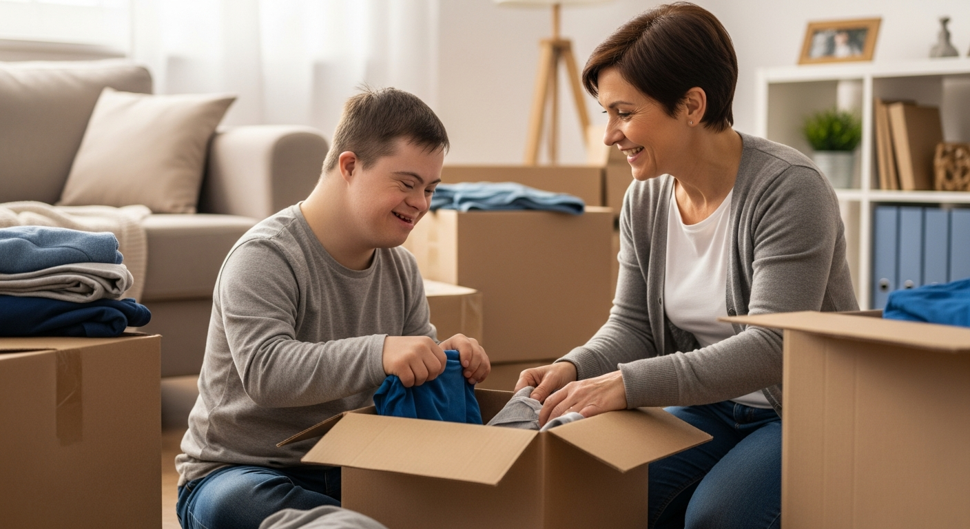 A woman and a young adult male with Down syndrome unpack boxes in his new home